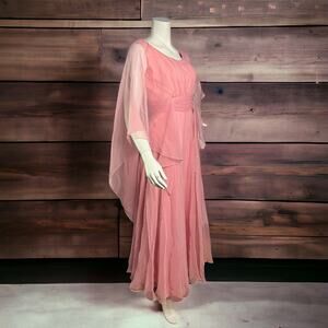 VINTAGE Rose Taft Couture Designer Pastel Goddess Cape Dress Pink Chiffon Size 2